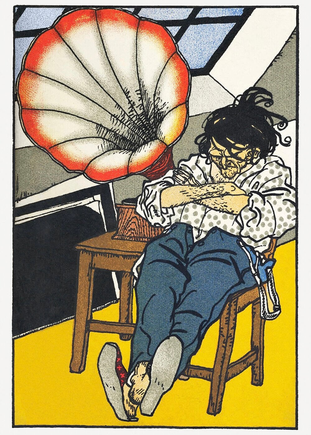 En Beethoven-entusiast af plakater: En mand med rodet hår og briller sidder henslængt på en stol og holder om en kat. En gammeldags grammofon står i nærheden, og sollyset strømmer ind som en hyggelig plakatscene.