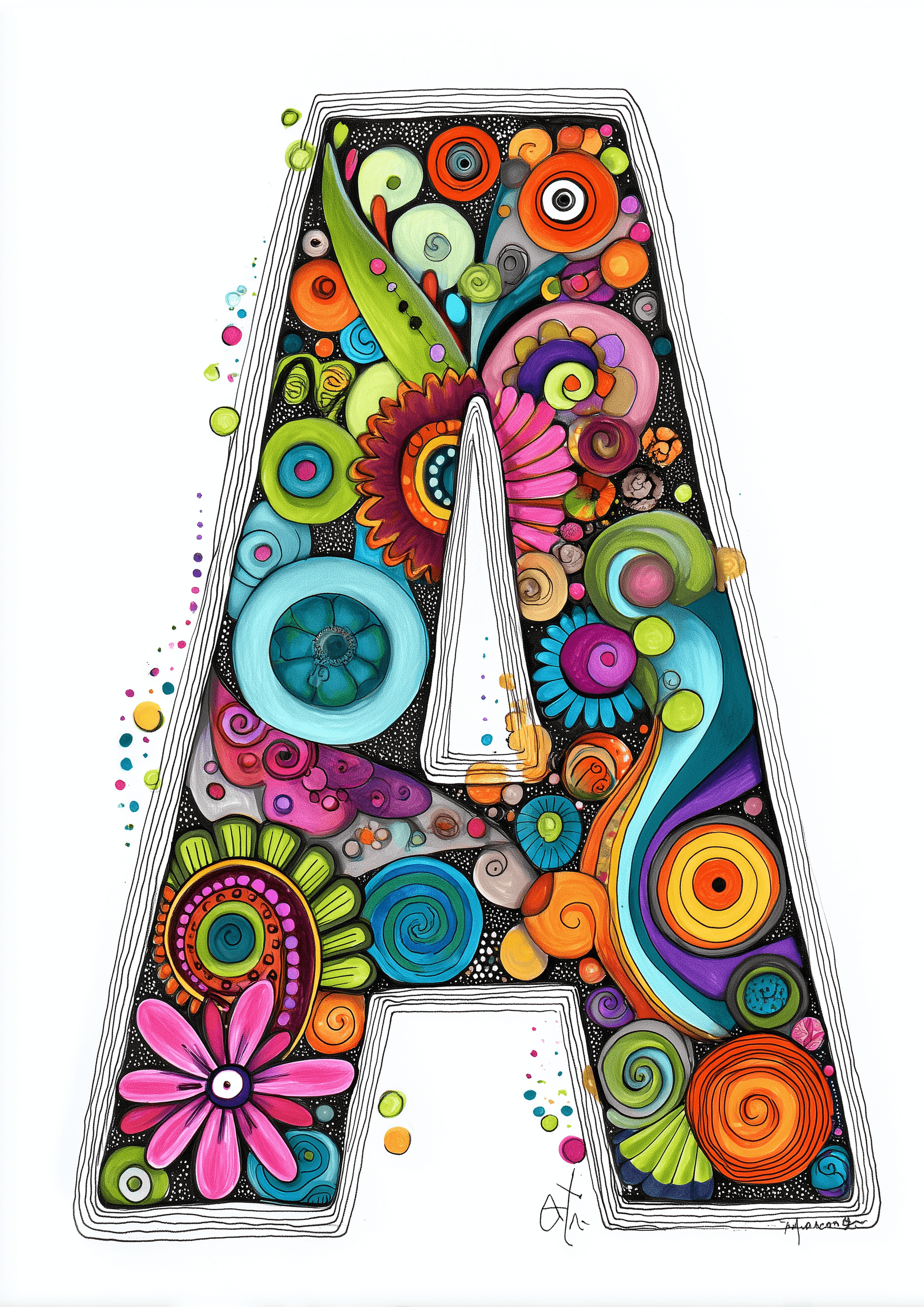 A Doodle Floral by Posters viser bogstavet A i sort og hvid, fyldt med farverige illustrationer og finurlige kruseduller - blomster, hvirvler og former - perfekt som bogstav A plakat eller børneværelse vægdekoration på en hvid baggrund.