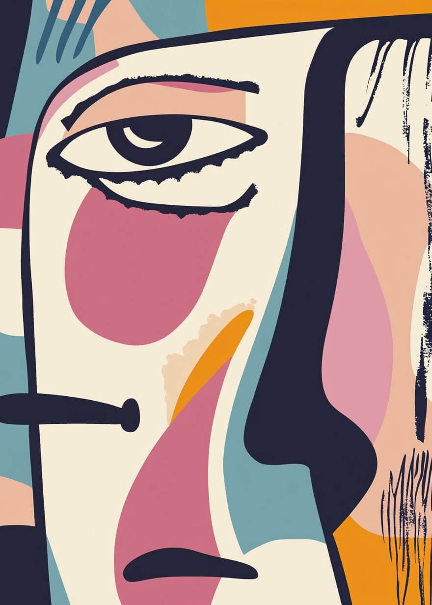 Abstrakte tanker" af Posters er et farverigt maleri med et minimalistisk, kubistisk ansigt i pink, blå, gul og beige-moderne vægkunst med dristige linjer og overlappende geometriske former.