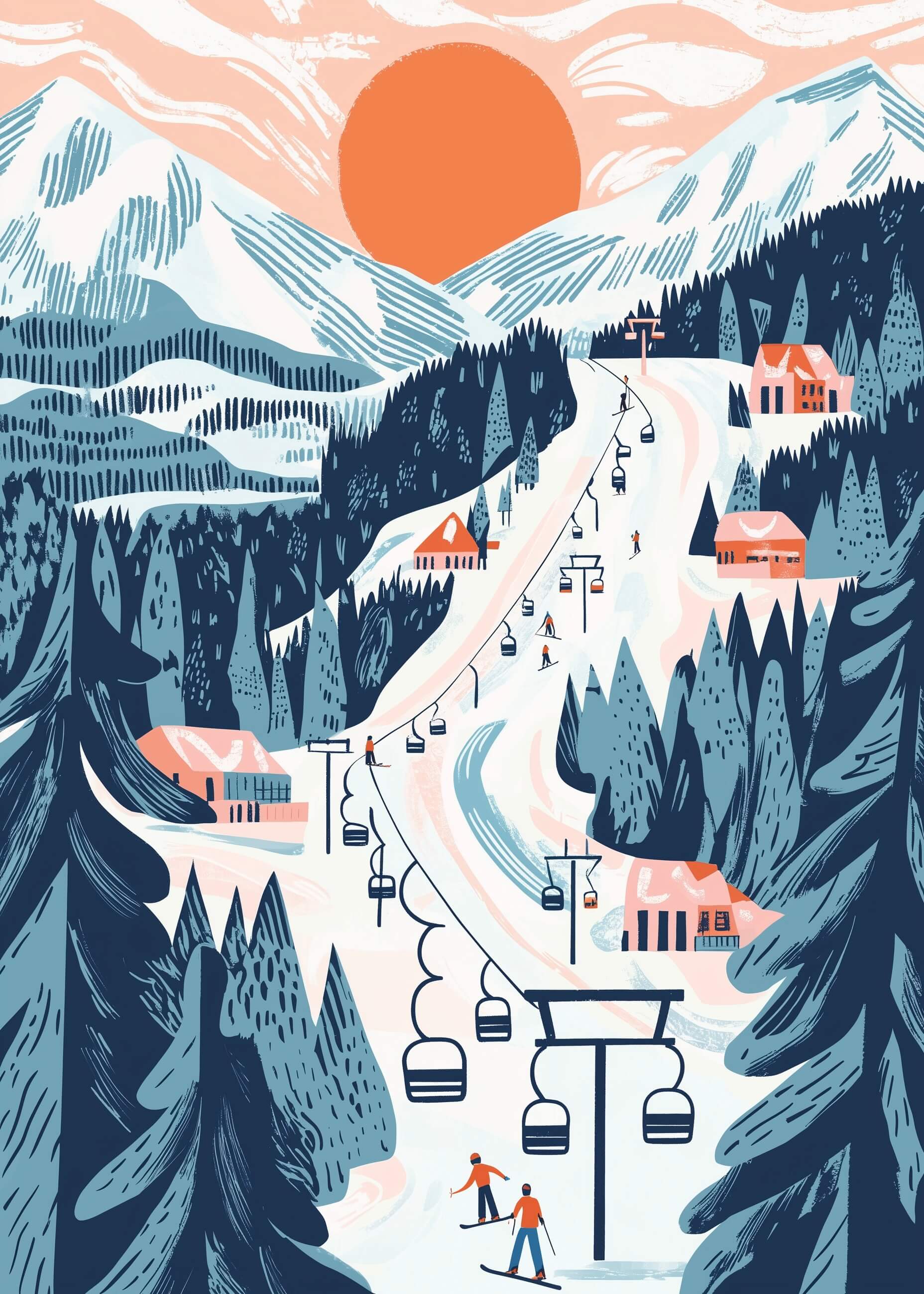 Alpesol af plakater: En elegant alpeplakat med et snedækket skisportssted med skiløbere, stolelifte, fyrretræer og hytter. Den nedgående sol kaster et varmt orange skær over vinterlandskabet.