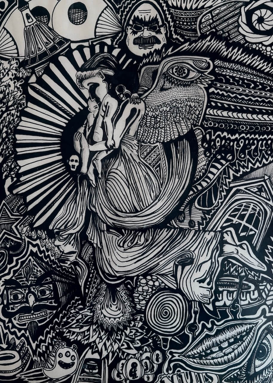 Black and white abstract drawing featuring surreal faces, an angel-like figure with wings, swirling patterns, and intricate, overlapping shapes. Plakat/posters