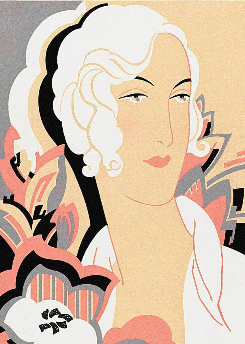 Posters' Art Deco Fashion-portræt viser en kvinde med bølgende hvidt hår og sarte træk på baggrund af abstrakte pastelfarvede blomsterformer i pink, beige, grå, sort og creme.