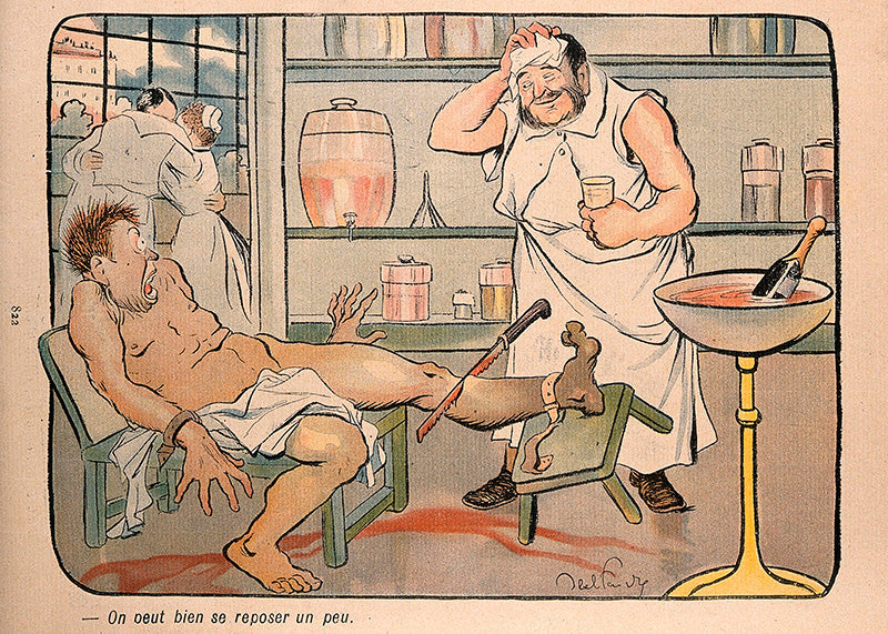 Vægbilledet "A surgeon apologetically takes a breather" fra Posters viser en humoristisk scene med en træt kirurg, perfekt som en finurlig og sjov dekoration til enhver kunstentusiast.