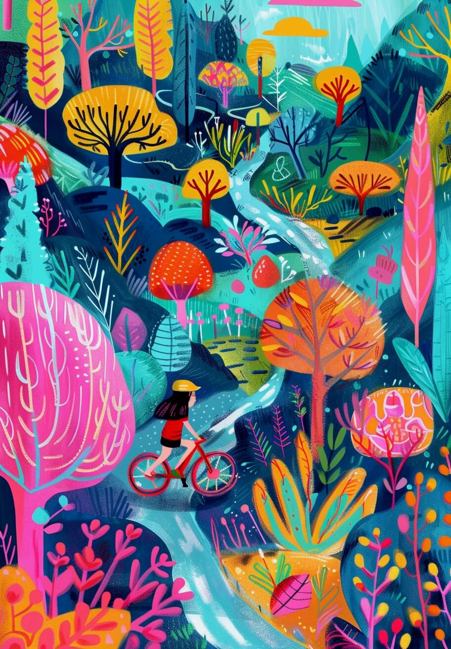 En person i en rød jakke cykler ad en snoet sti gennem en finurlig skov i plakatstil med lyse træer under solen på kunsttrykket "Bækken" fra Posters.
