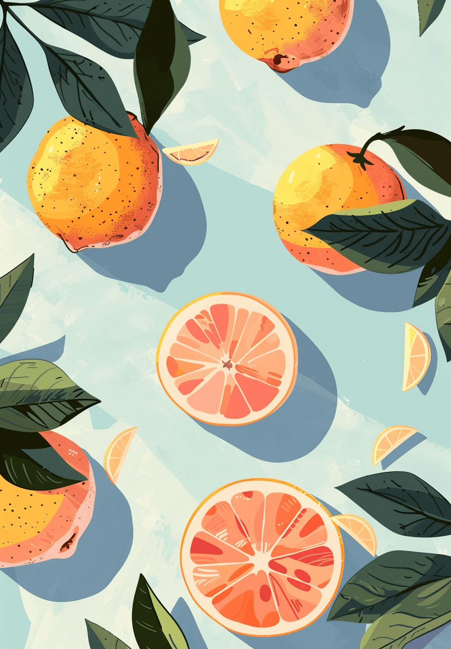 Plakaten Blodappelsin har en illustreret plakat af hele og halve grapefrugter med grønne blade og skiver på en lyseblå baggrund, der kaster bløde skygger og giver et friskt, levende look.