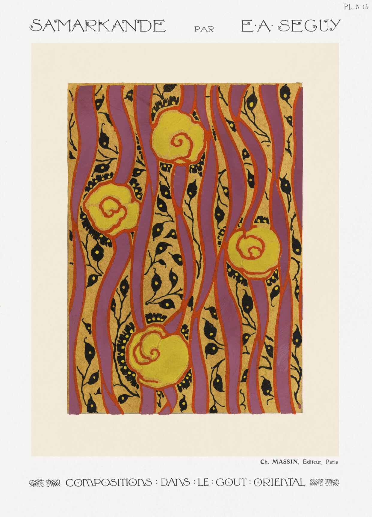 En dekorativ art deco-plakat med titlen Blomstermønster by Posters, med abstrakte hvirvlende gule former med røde centre og buede linjer i rød og lilla på en beige og sort mønstret baggrund.