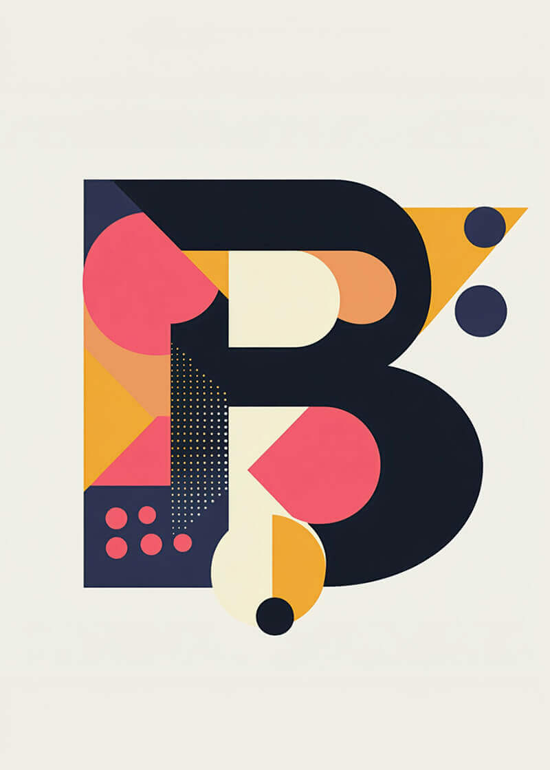Bogstavet B - Geometri fra Posters: Et stiliseret bogstav B i navy, gul, creme og pink med cirkler, trekanter og prikker på lys baggrund-perfekt som moderne kunst plakat eller til grafisk design.