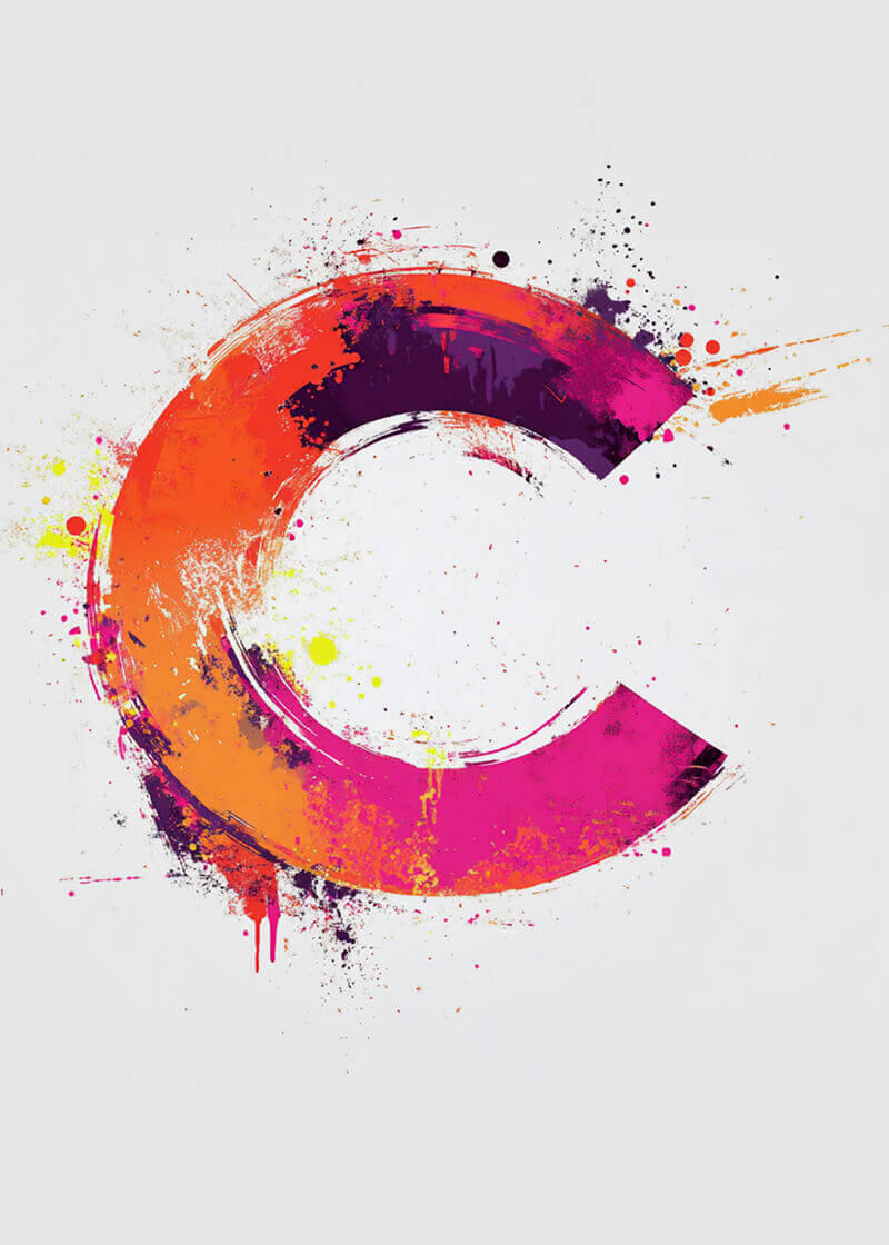 Bogstavet C - Pink fra Posters: Et stort C i livlige orange, pink og lilla nuancer med stænket maling og kunstneriske penselstrøg på hvid baggrund - perfekt som bogstavplakat til kreativ vægudsmykning.