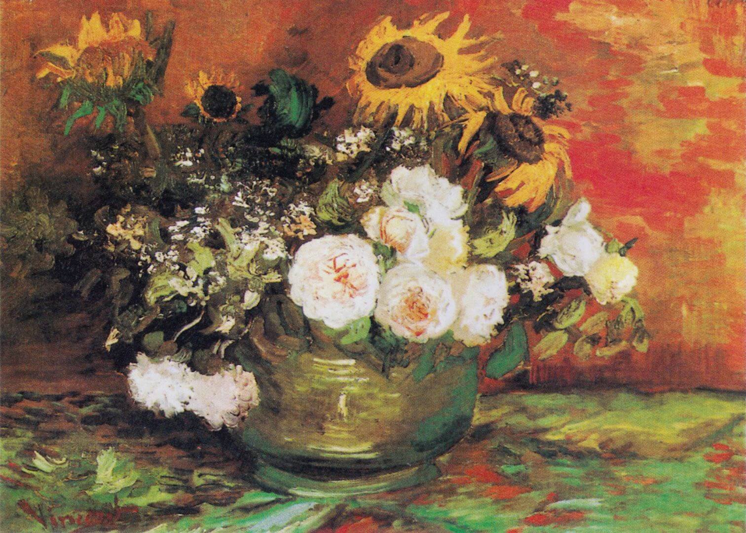 Bowl With Sunflowers Roses And Other Flowers (1886)
