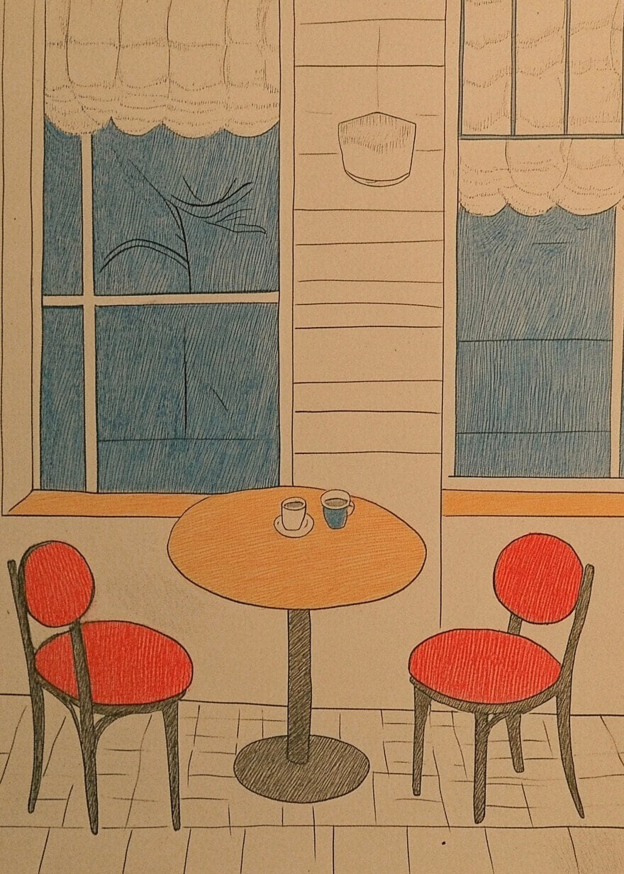 Plakaten "Cafeens espresso i Paris" fra Posters viser et lille rundt bord med to røde stole, to kopper og store vinduer med gennemsigtige gardiner, der indfanger hyggelig caféhygge i en minimalistisk indendørs stil.