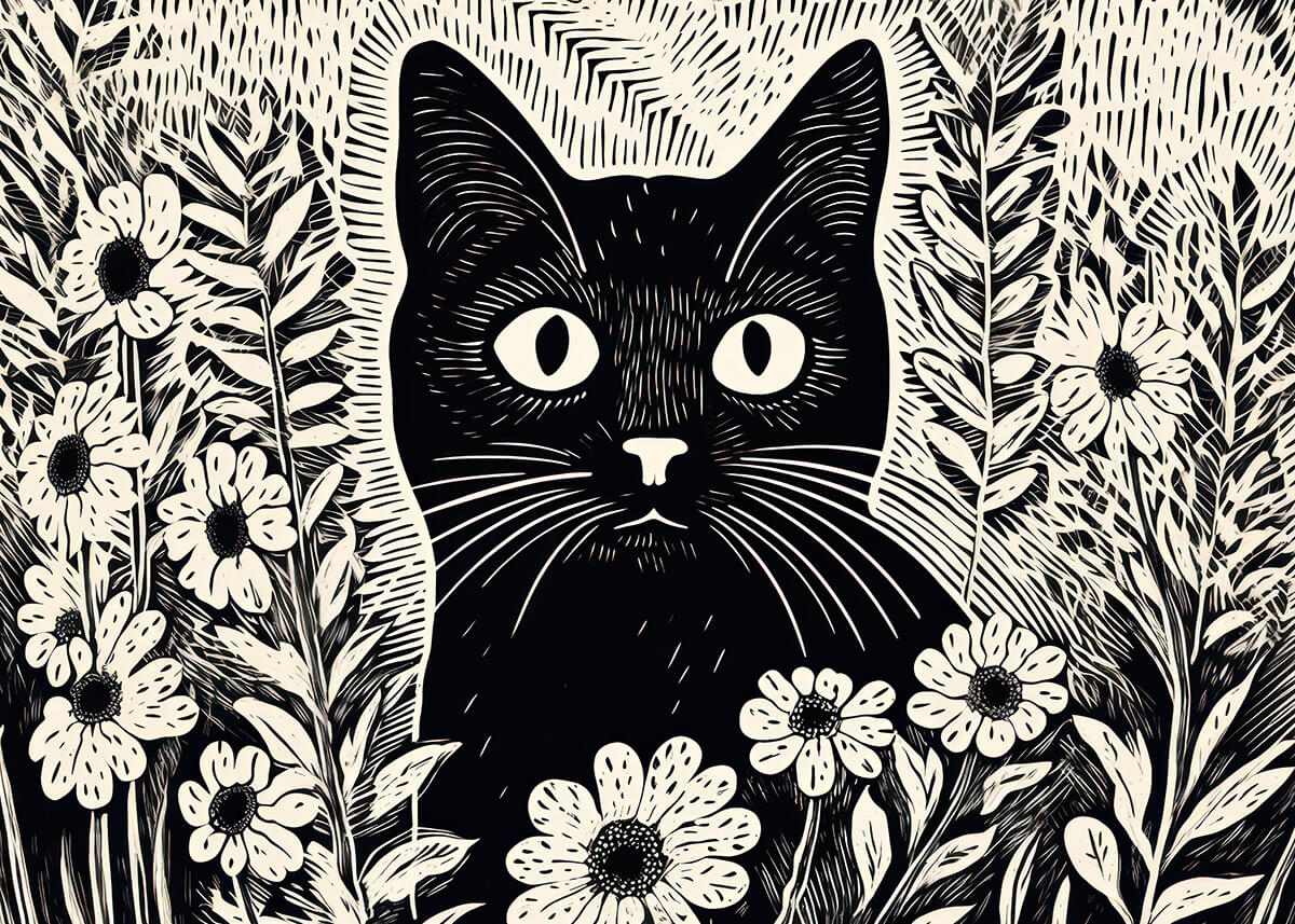 En sort kat med store øjne sidder blandt blomster og grønne planter i fed, detaljeret sort-hvid grafisk kunst - perfekt til enhver Cat linoleumskollektion fra Posters.