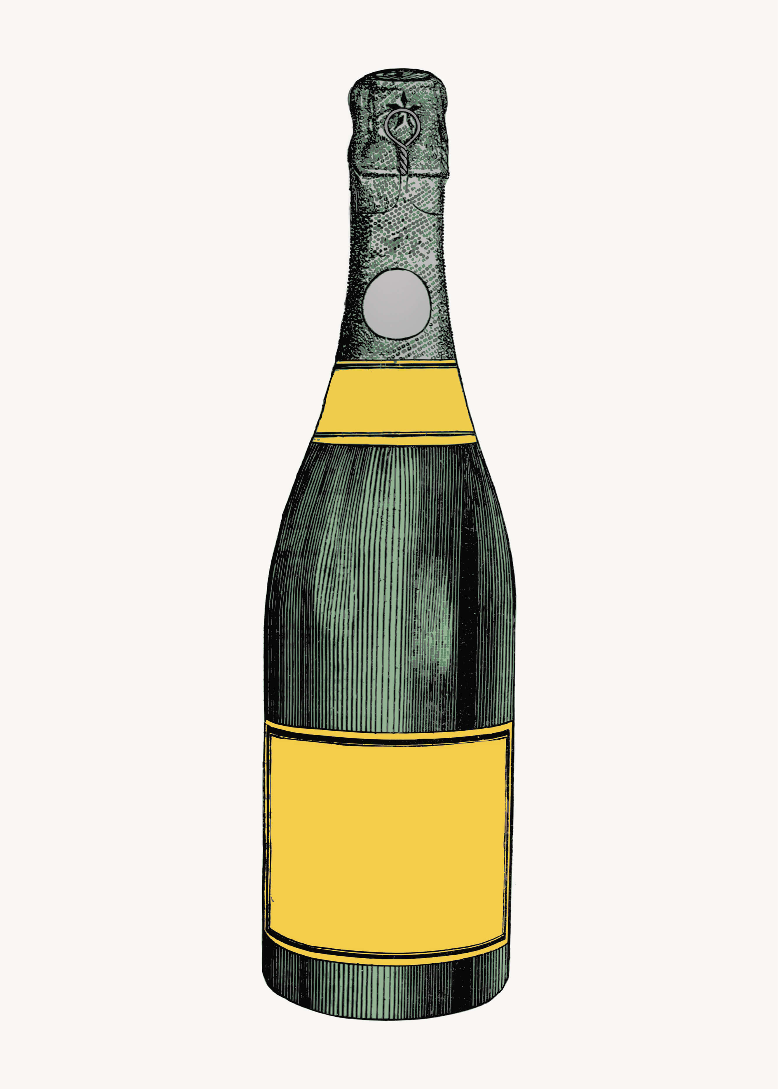 Minimalistisk illustration af en grøn champagneflaske fra Posters med gyldent folie på halsen og to gule etiketter - perfekt til stilfuld indretning på en enkel baggrund.