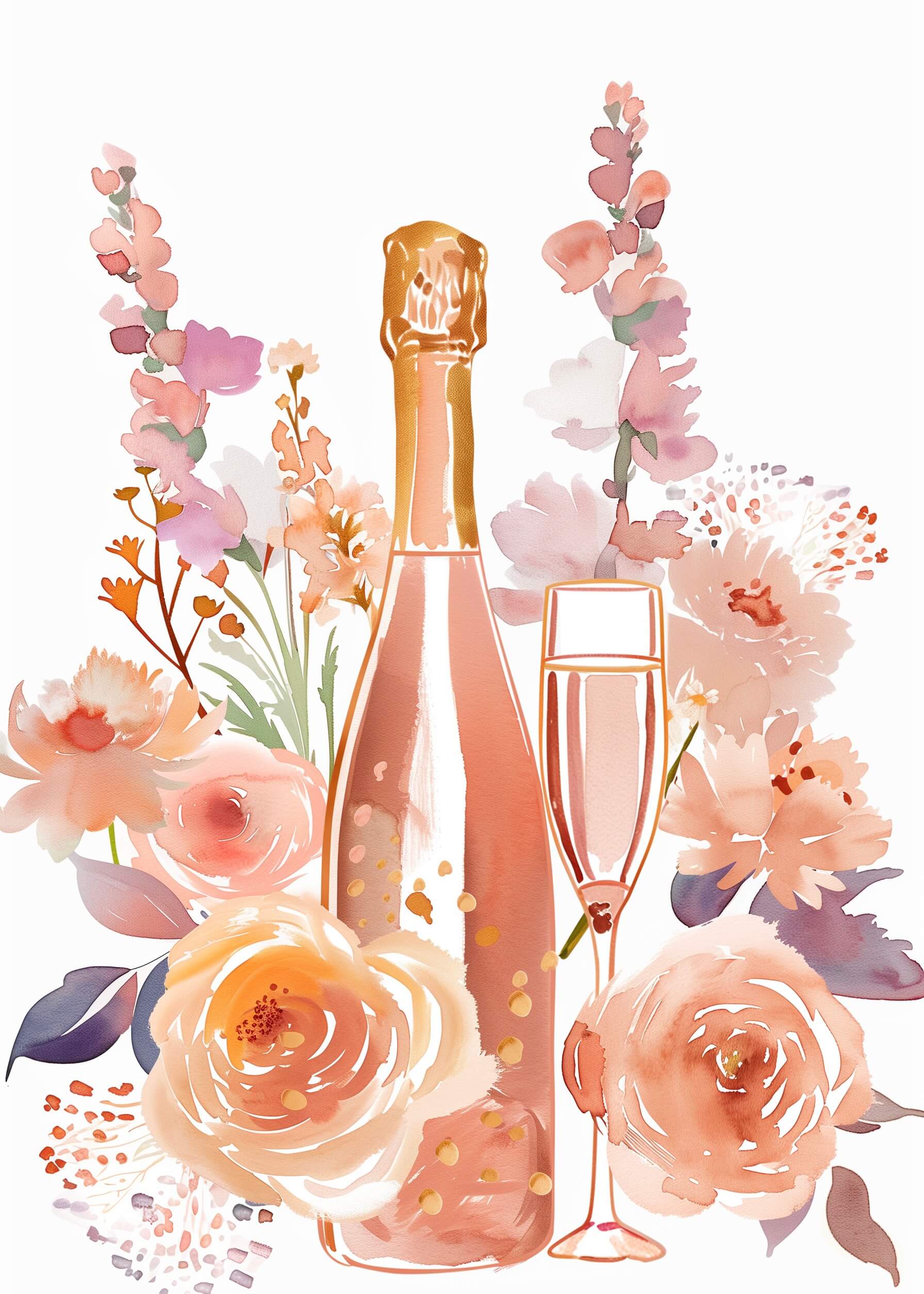 Champagneblomst by Posters viser en akvarelagtig champagneflaske og et glas med ferskenfarvede og lyserøde blomster. Bløde blomster og pastelfarver skaber et luksuriøst blomsterplakat - ideelt som festlig vægudsmykning på en hvid baggrund.