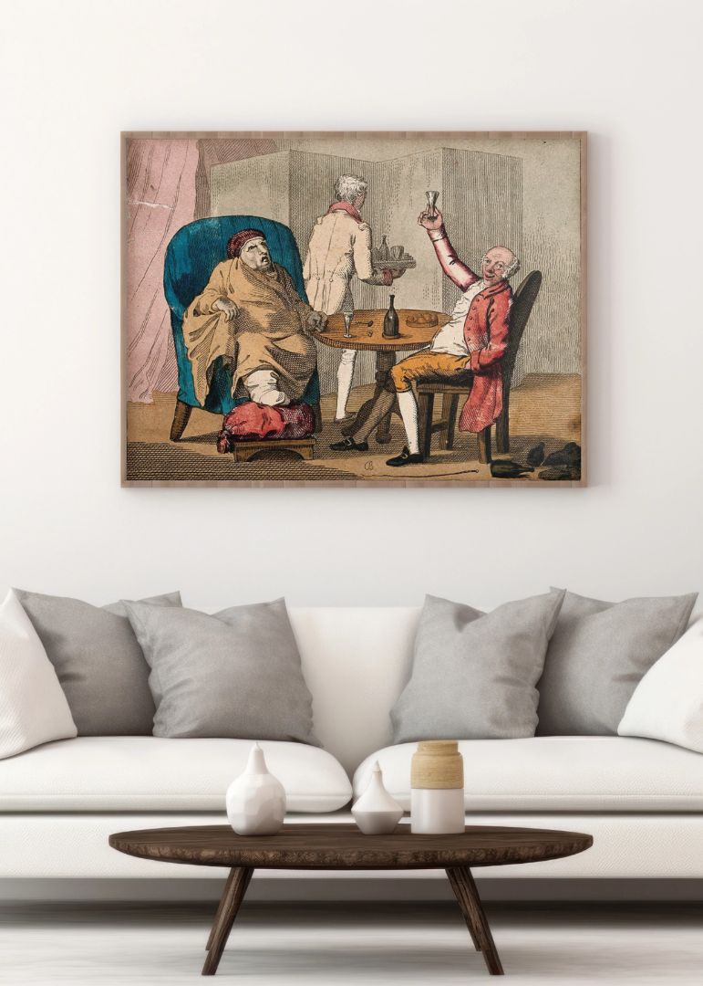 A gouty man at table with a bon viveur drinking champagne