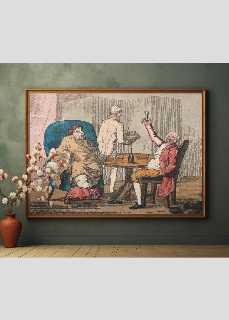 A gouty man at table with a bon viveur drinking champagne