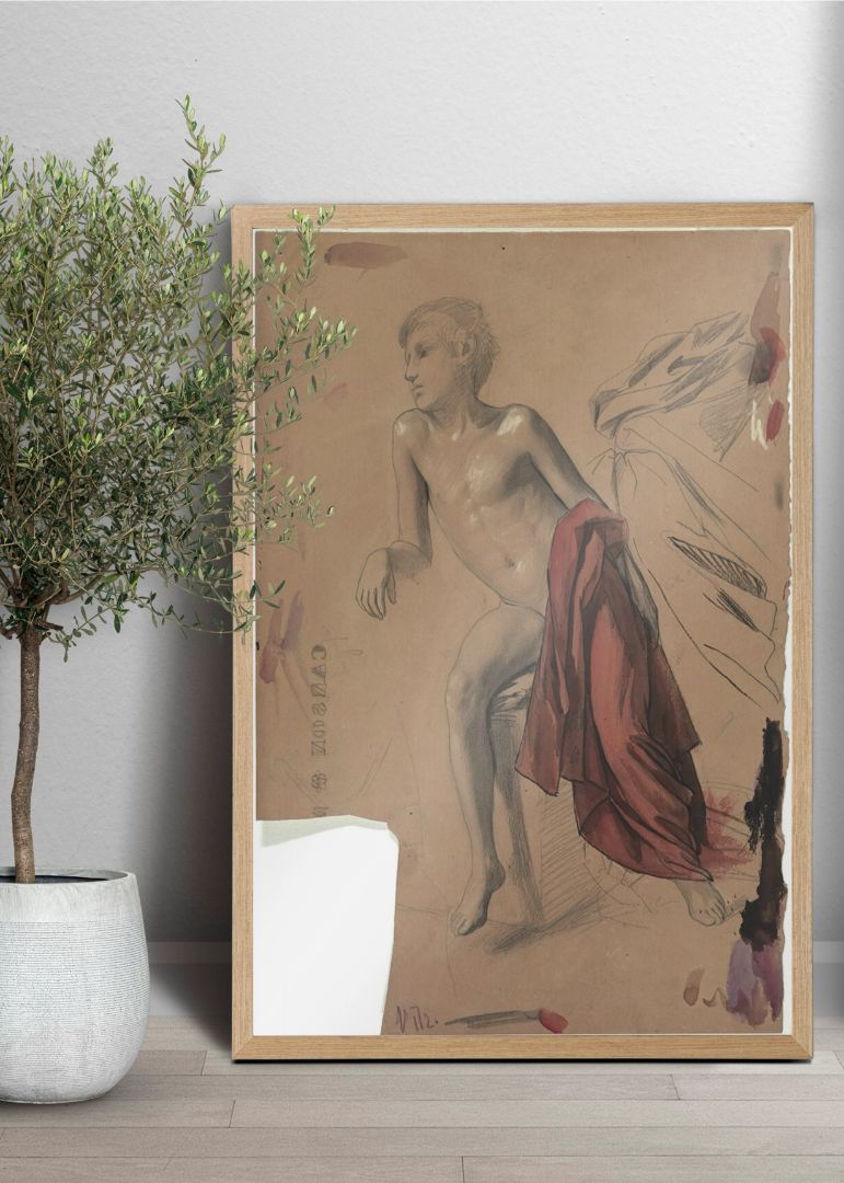 Boy nude with red drapery