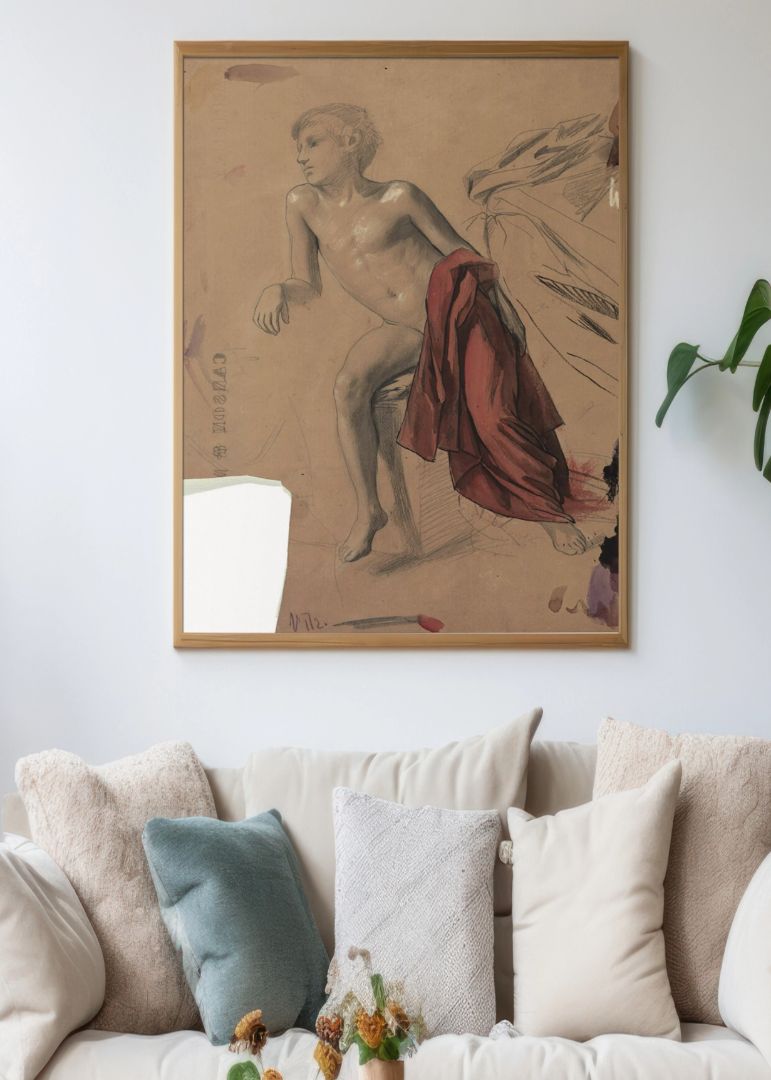Boy nude with red drapery