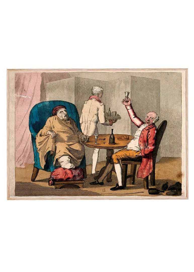 A gouty man at table with a bon viveur drinking champagne
