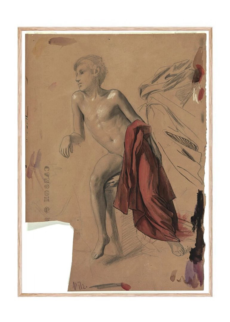 Boy nude with red drapery