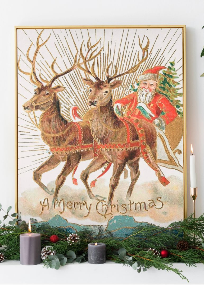 Christmas postcard of Santa Claus and his reindeer