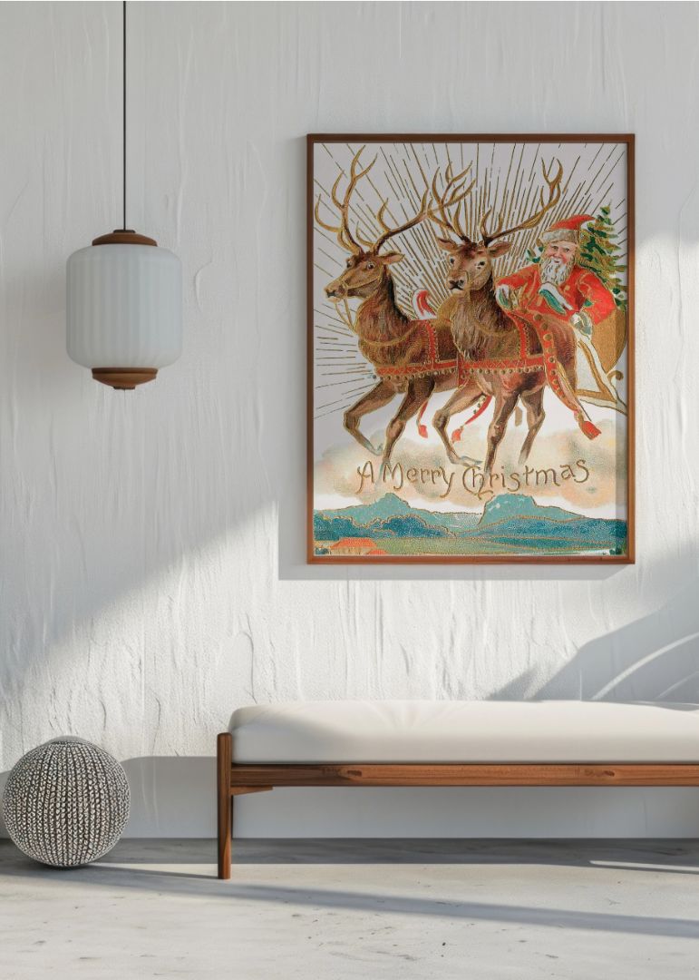 Christmas postcard of Santa Claus and his reindeer