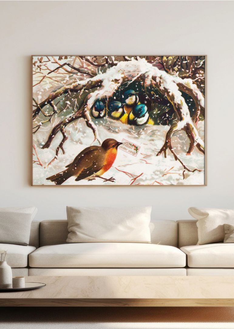 vintage christmas postcard depicting birds in snow