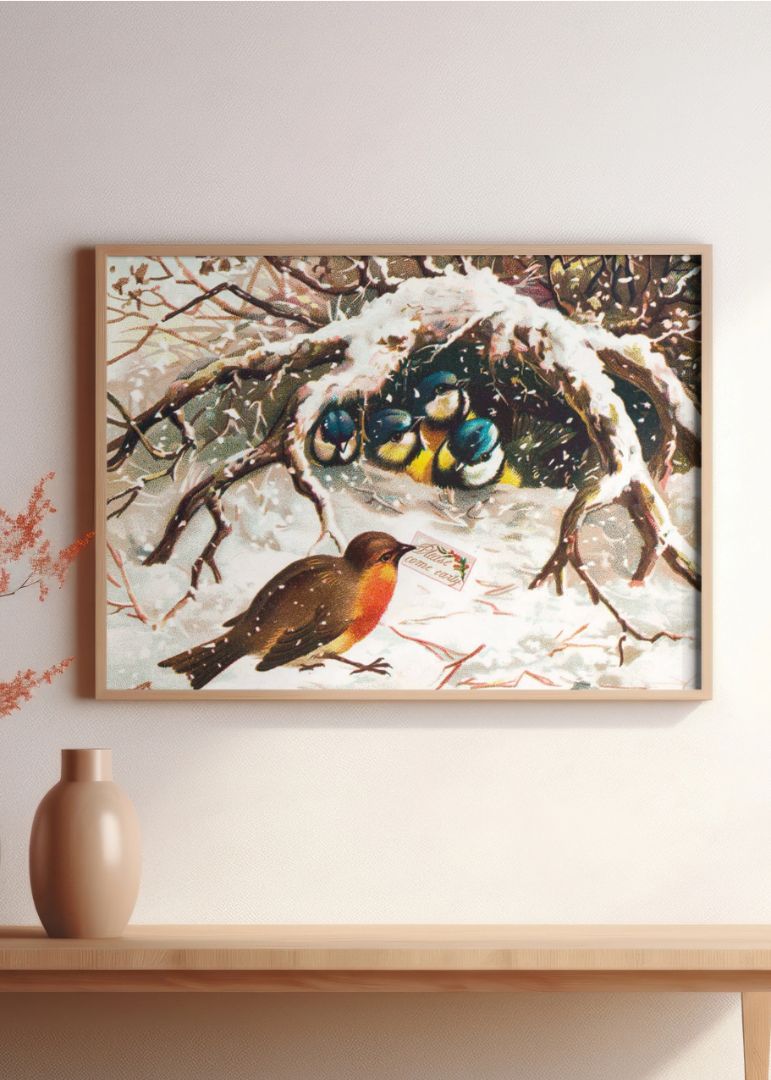vintage christmas postcard depicting birds in snow