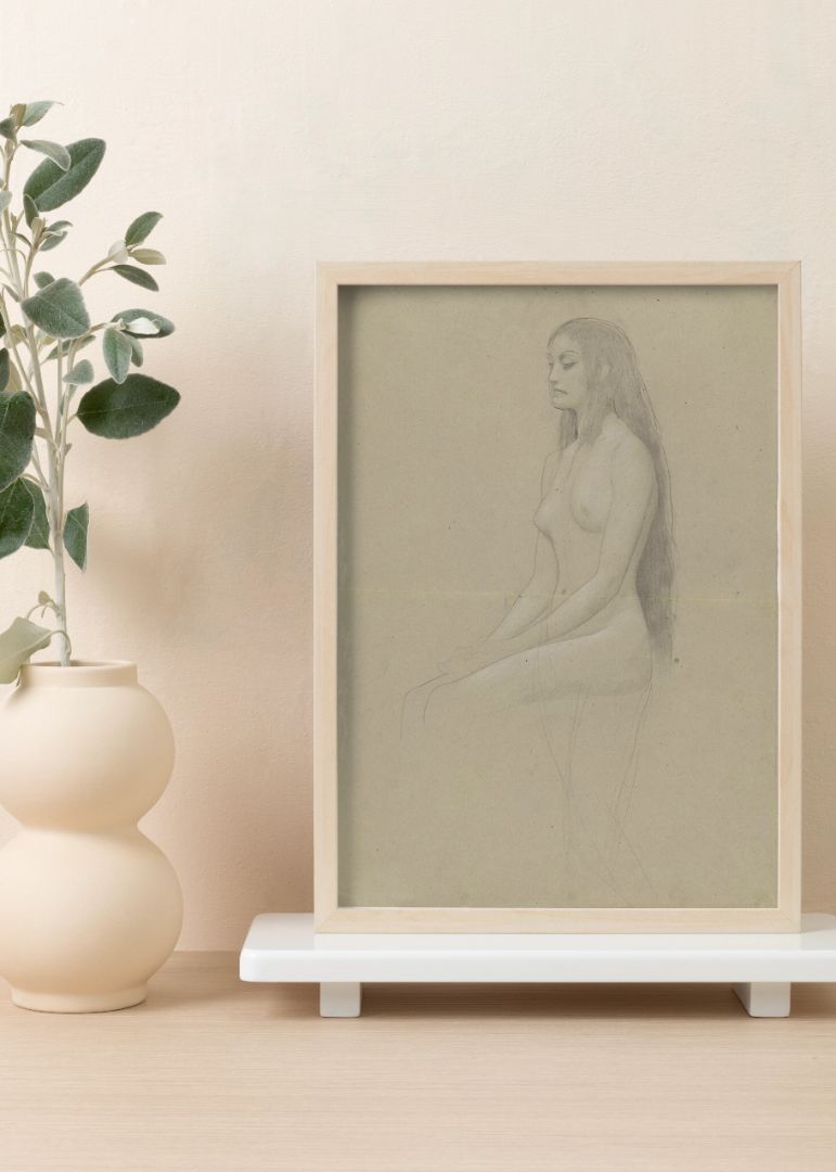 Seated Female Nude with Long Loose Hair to the Left