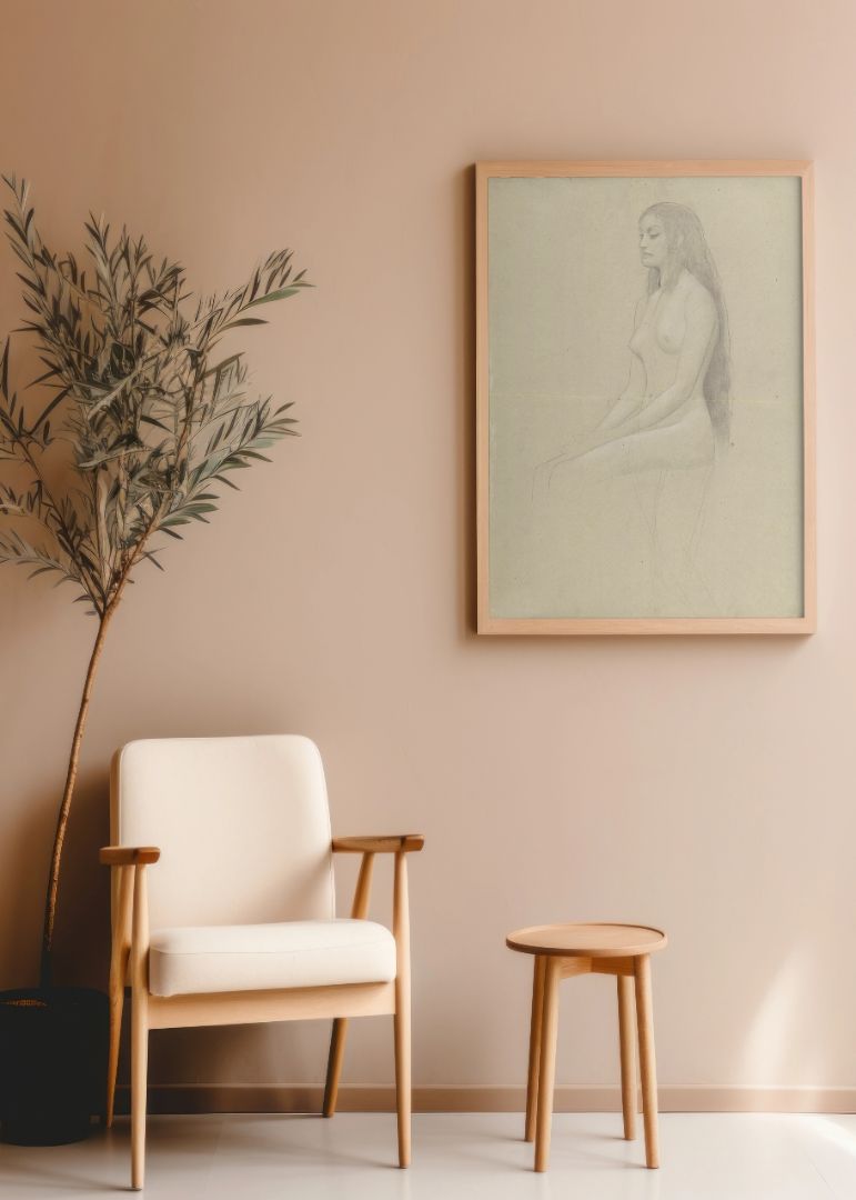Seated Female Nude with Long Loose Hair to the Left