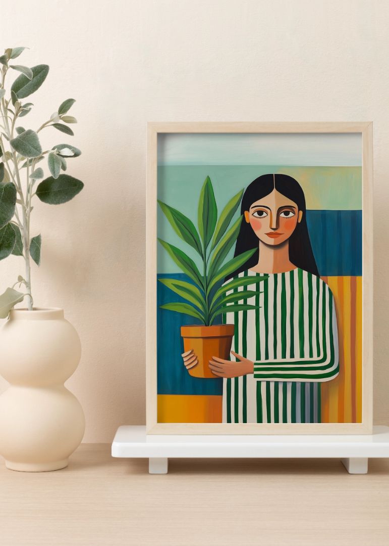 The satisfied woman in stripes