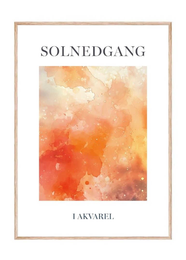 Solnedgang i akvarel - indrammet