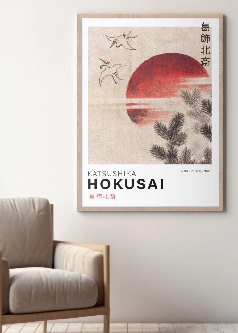 Birds and sunset - Katsushika