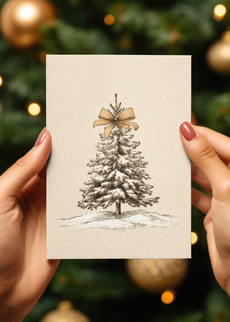 Sneklædt juletræ med sløjfe