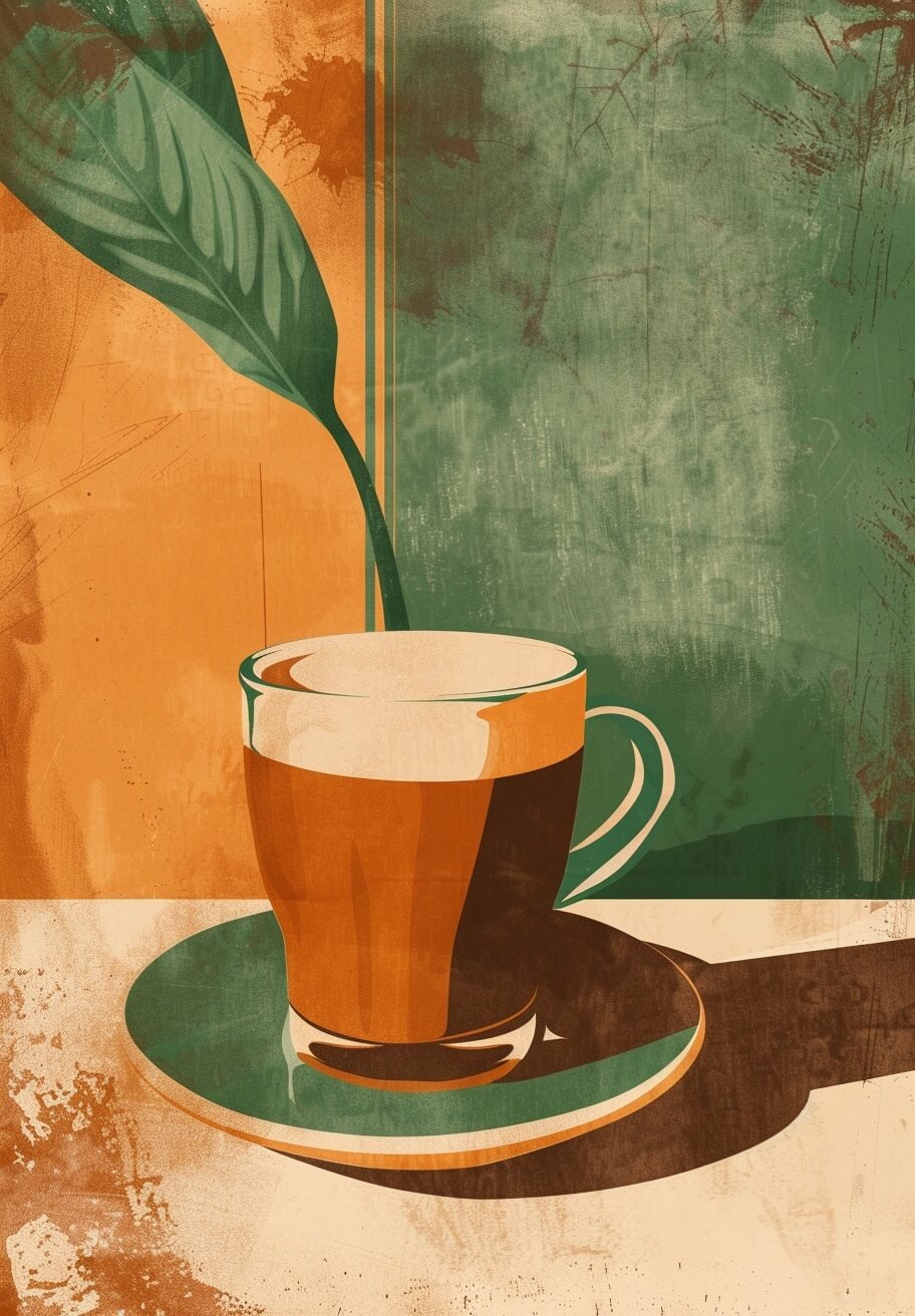 Plakat-stil illustration af en Cortado i en glaskop på en underkop af Posters, med en grøn og orange struktureret baggrund og et stort grønt blad, der buer over koppen.