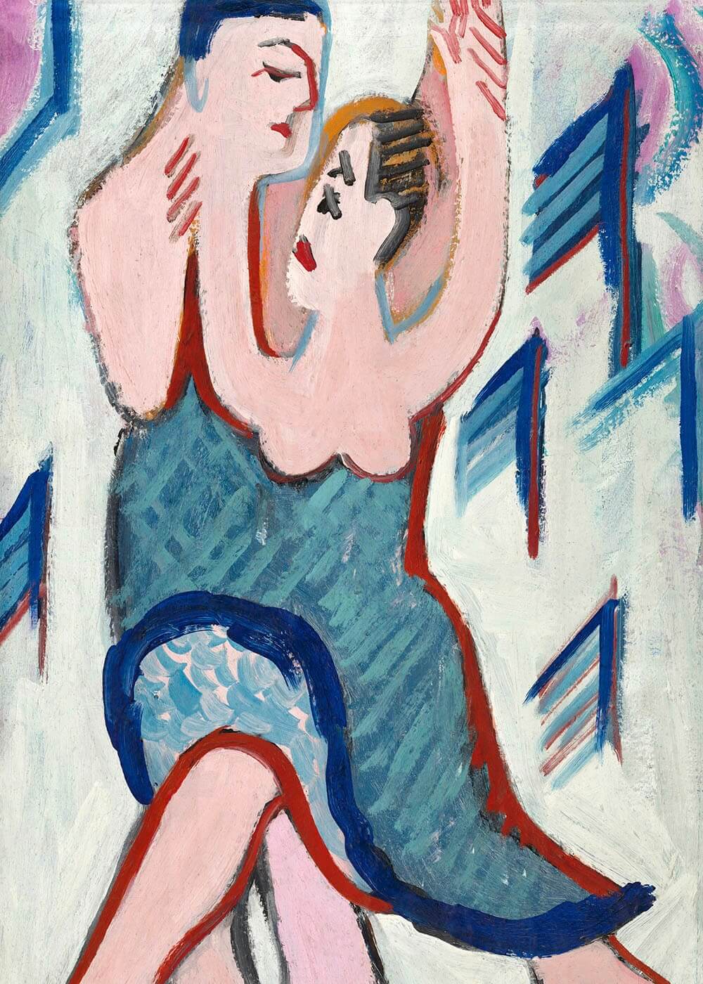 Dansende par i sneen" af Posters: Et farverigt abstrakt print af to stiliserede figurer i blåt tøj, der danser tæt med sammenflettede arme og udtryksfulde ansigter mod dristige, blå diagonale linjer.