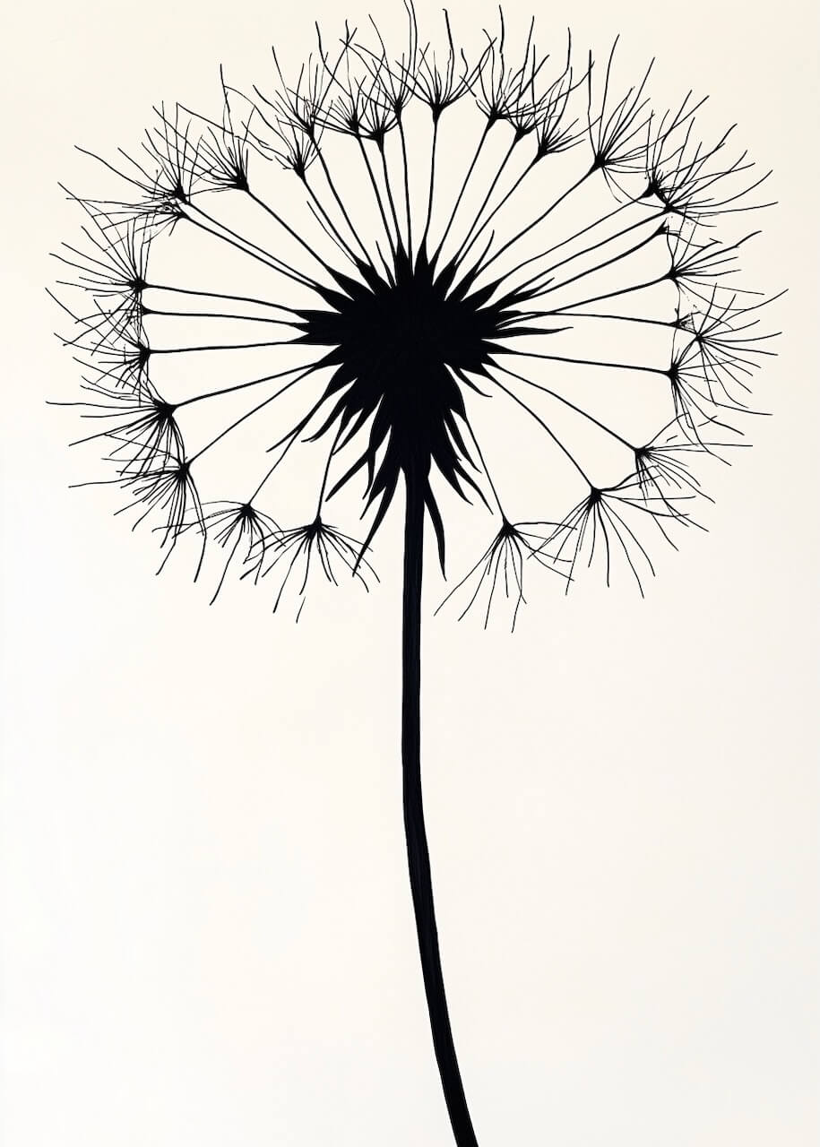 Dandelion fra Posters: en minimalistisk plakat med sort mælkebøtte-silhuet og lette frø på lys, enkel baggrund.