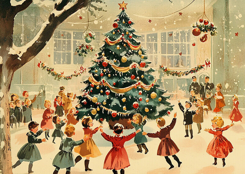 Børn i farverigt vintertøj danser rundt om et pyntet juletræ udendørs, mens voksne ser på og indfanger nostalgisk julestemning. "Dans om juletræet" af Posters fremkalder charmen ved et vintage juleplakat.