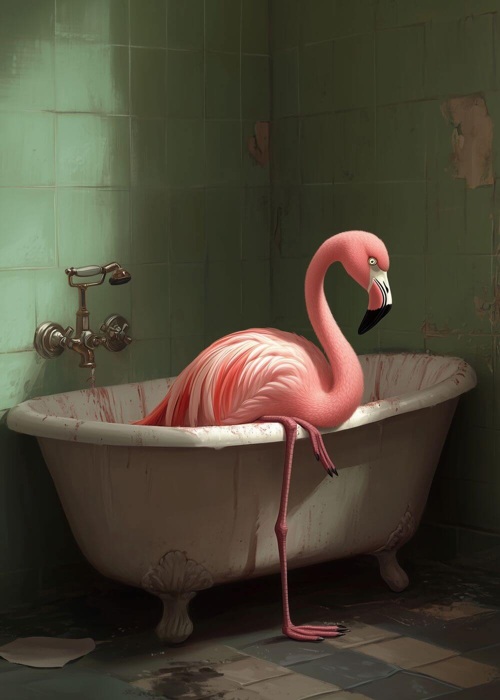 Den Beskidte Flamingo fra Posters viser en pink flamingo i et gammelt badekar med rødt vand i et slidt, grønt flisebadeværelse-perfekt som unik vægdekoration eller sjov flamingo plakat til dit hjem.