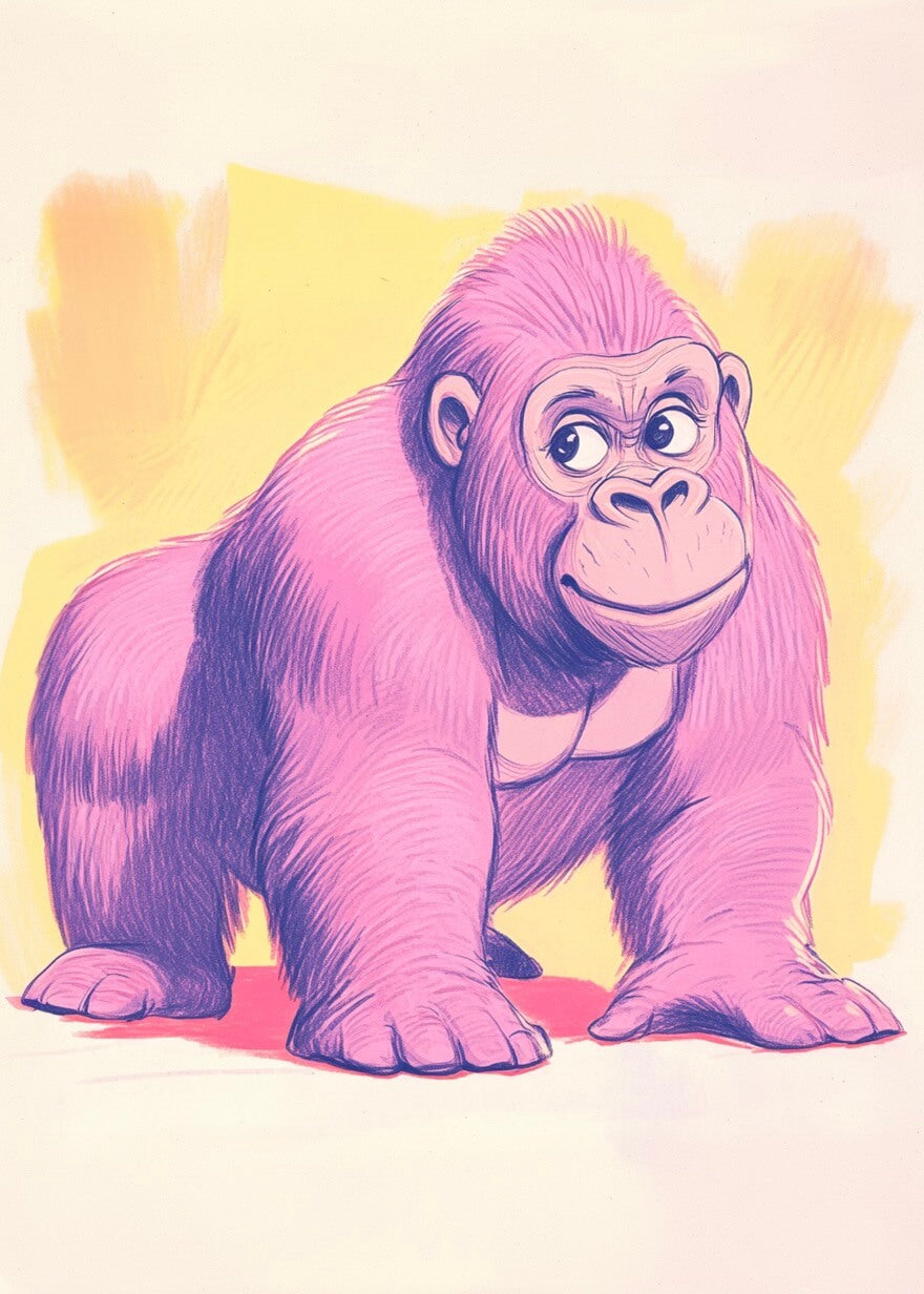 Den glade gorilla fra Posters: En lyserød gorilla i tegneseriestil på alle fire med et gult og ferskenfarvet baggrund. Perfekt til sjov indretning, med venligt smil og udtryksfulde øjne.