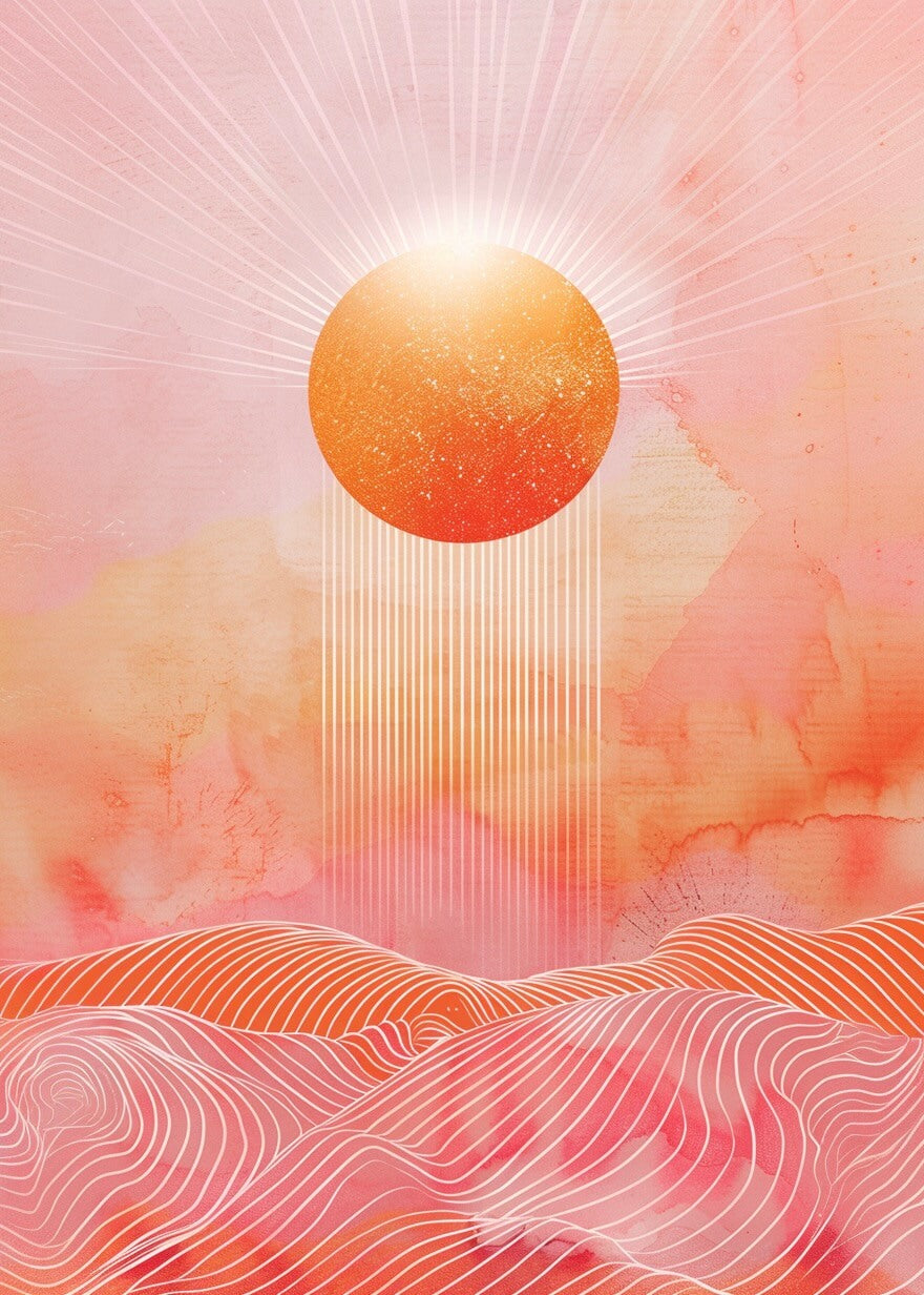 Den gyldne solnedgang fra Posters viser en orange sol med hvide stråler over bølgende orange og pink bakker mod en pastelrosa akvarelhimmel. Plakaten skaber varm stemning og beroligende atmosfære.