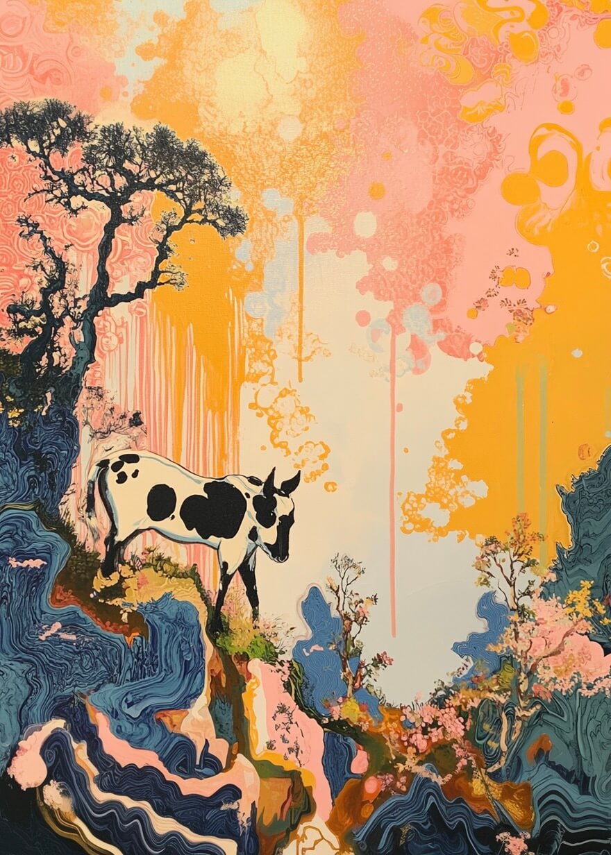 Den hellige ko" fra Posters viser en stiliseret sort-hvid ko i et levende, abstrakt landskab - hvirvlende blå, lyserøde og orange farver skaber en drømmende scene, der er perfekt til et farverigt børneværelse eller en eventyrlig plakatvæg.