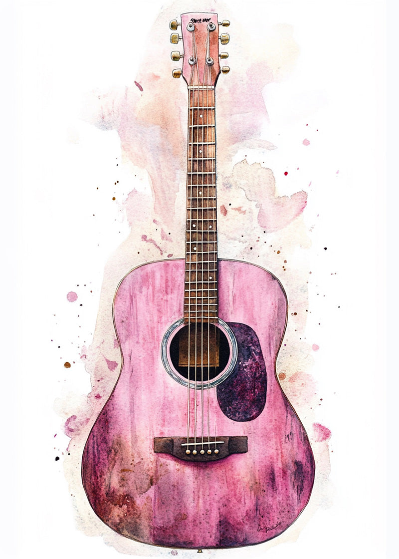 Den Lyserøde Guitar" af Posters: Et livligt akvareltryk med en seksstrenget guitar med mørke bånd og farverige stænk. Den blanke pink, lilla og brune finish tilføjer et strejf af romantisk kunst til dette unikke musikplakat.