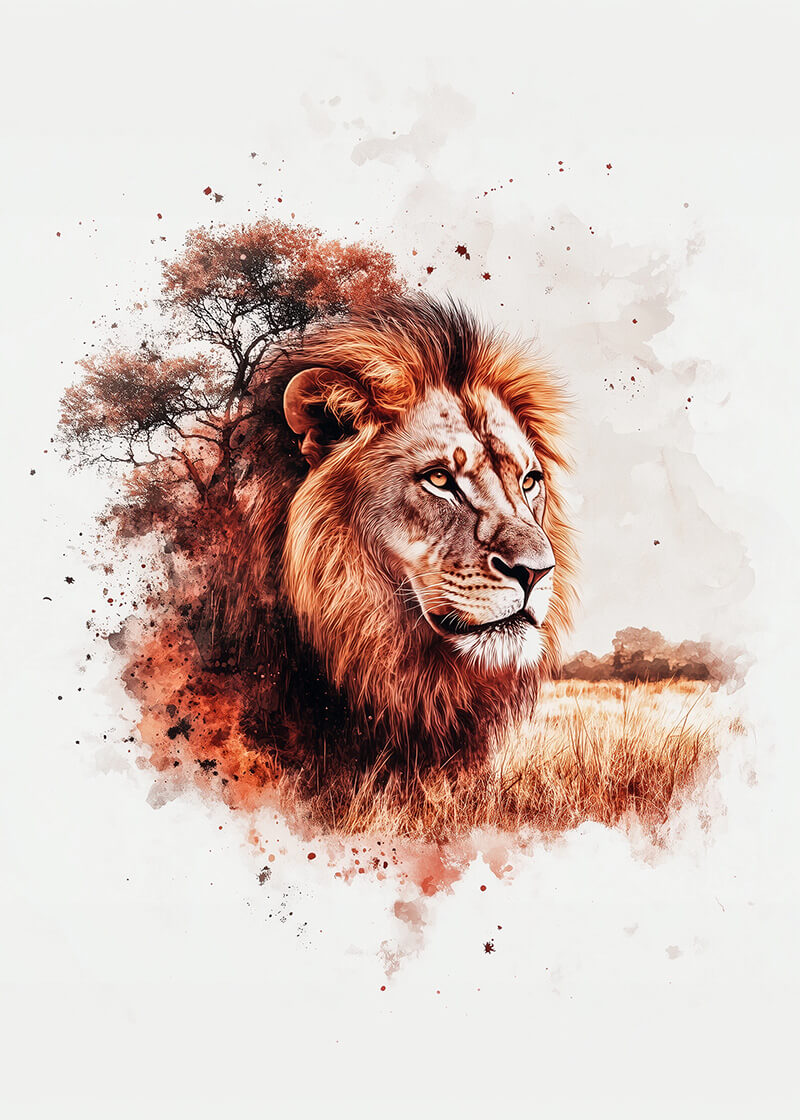 Den Stotle Løvefar fra Posters er en akvarel løveplakat med gylden manke, der smukt blender ind i den afrikanske savanne. Vægdekorationen hylder lederskab og det vilde med brune og orange nuancer.