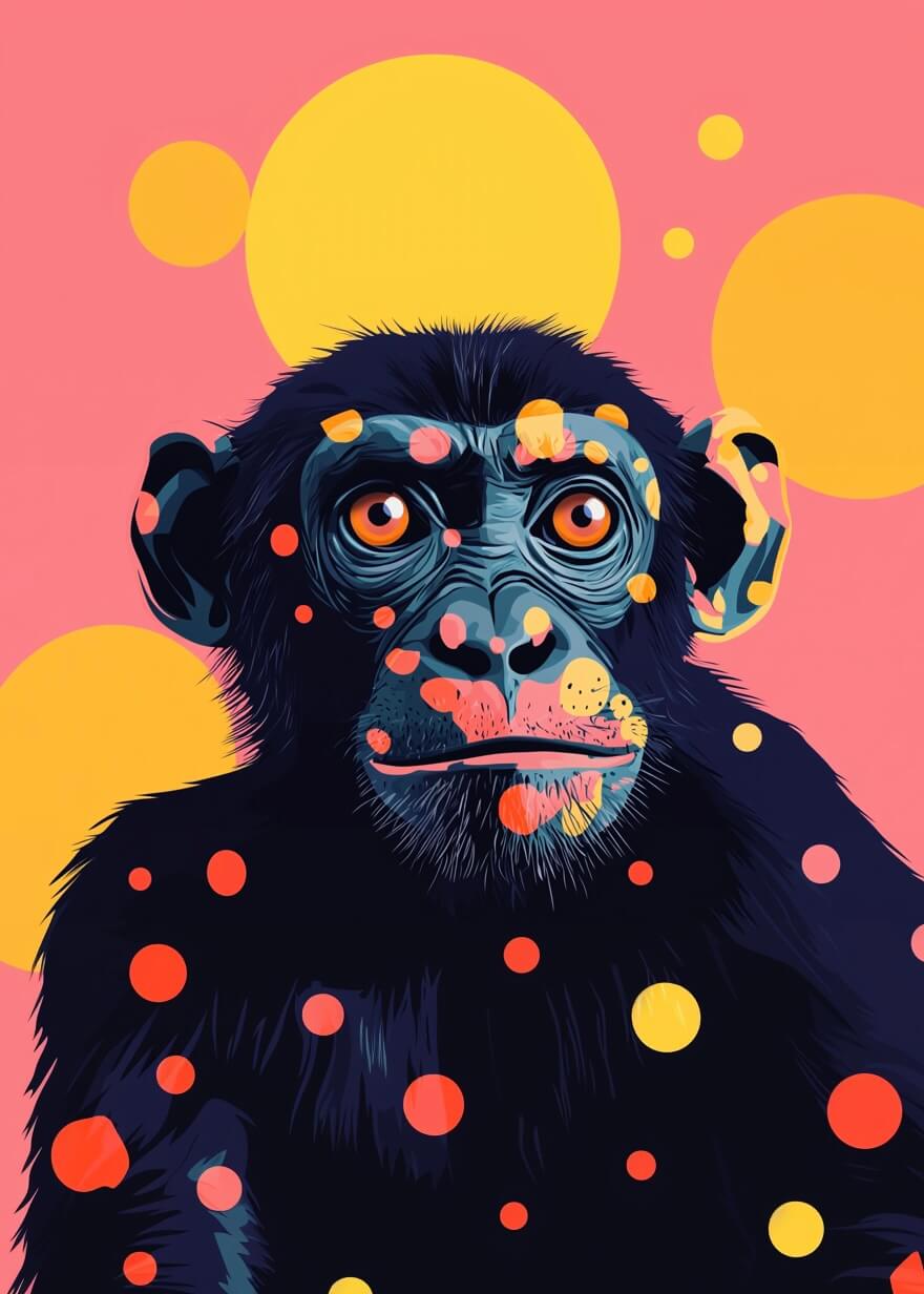 Dottet monkey" fra Posters viser en chimpanse med store øjne og gule og orange prikker på en lyserød baggrund med store gule cirkler - et farverigt print, der er perfekt som kunst på børneværelset.