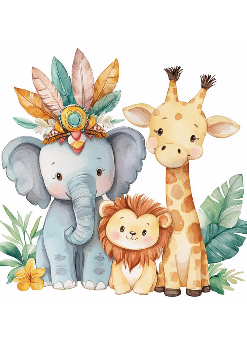 Dyrevenner fra plakater: En charmerende plakat med en nuttet babyelefant med fjer, en smilende løve og en venlig giraf blandt grønne blade og gule blomster-perfekt til at lyse børneværelset op i bløde pastelfarver.