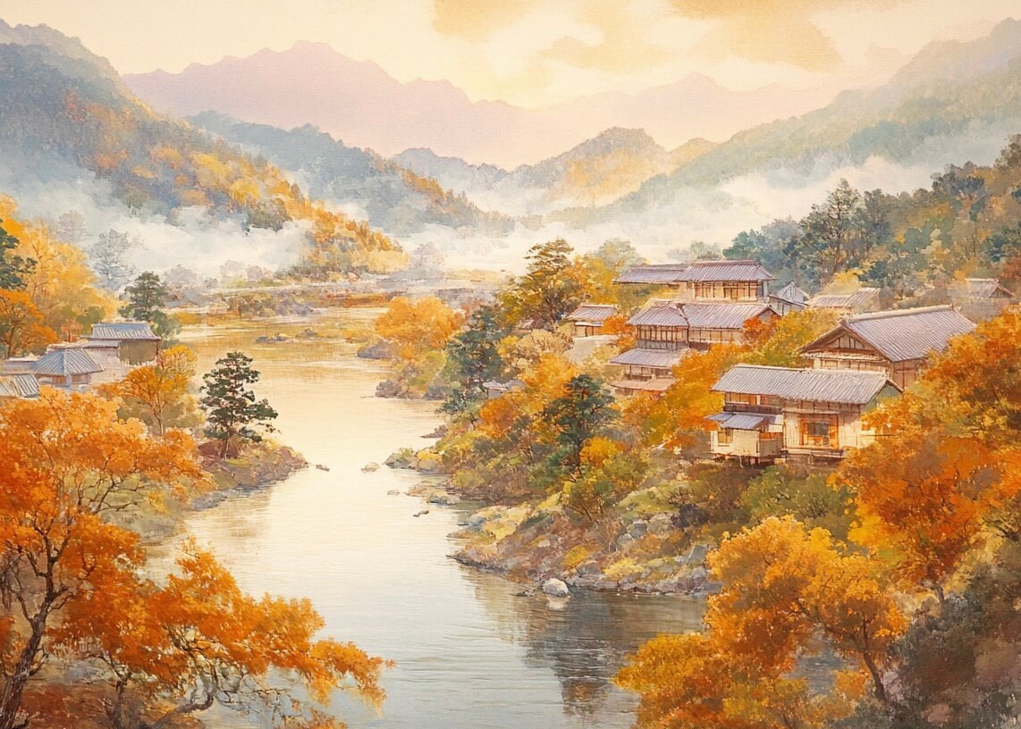 Efterårets flod" af Posters viser en rolig flod, der flyder gennem en dal med klassiske træhuse og farverige efterårstræer, alt sammen mod tågede bjerge badet i gyldent lys - en perfekt fejring af naturens ro og efterårets skønhed.