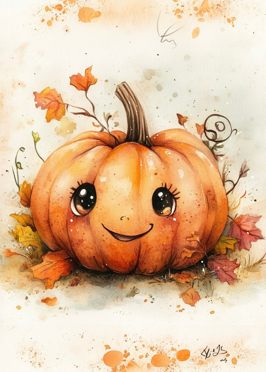 Efterårsgræskar fra Posters: Et sødt græskar med store smilende øjne omgivet af efterårsblade og akvareleffekter-perfekt plakat til børneværelsets efterårsindretning med et hyggeligt, legende udtryk.