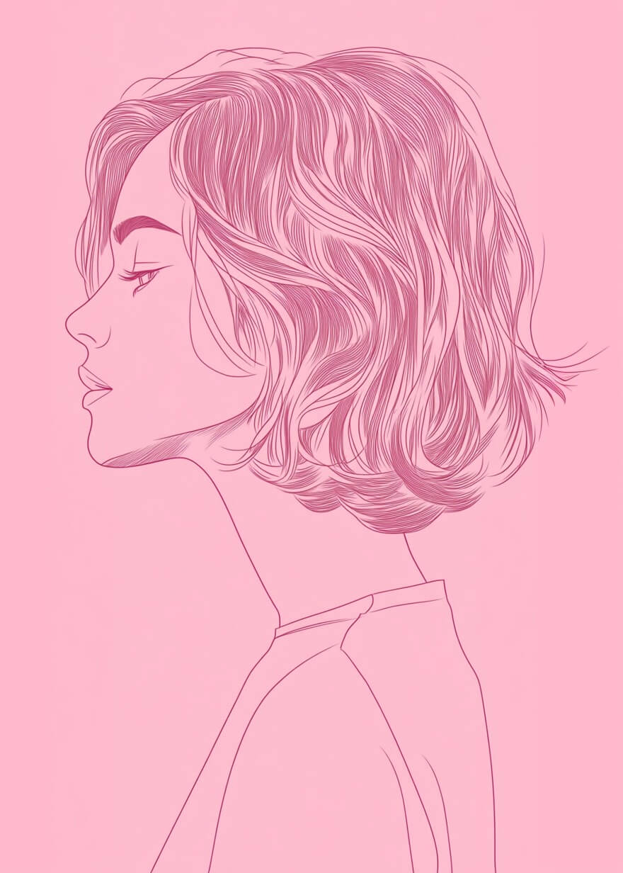 Plakaten "Eftertænksom" fra Posters har en minimalistisk stregtegning af en ung kvinde i profil med kort, bølget hår og lukkede øjne, sat op mod sarte rosa nuancer, der fremkalder indre ro og selvrefleksion.