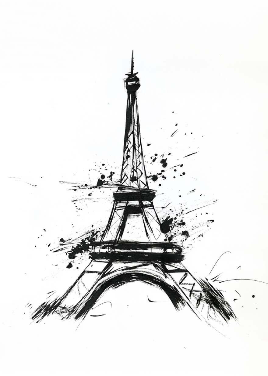 Eiffeltårnet i draft by Posters har en sort tuschskitse af Eiffeltårnet på hvidt med udtryksfulde stænk og penselstrøg - et iøjnefaldende moderne kunstplakat, der er perfekt til Paris-entusiaster.