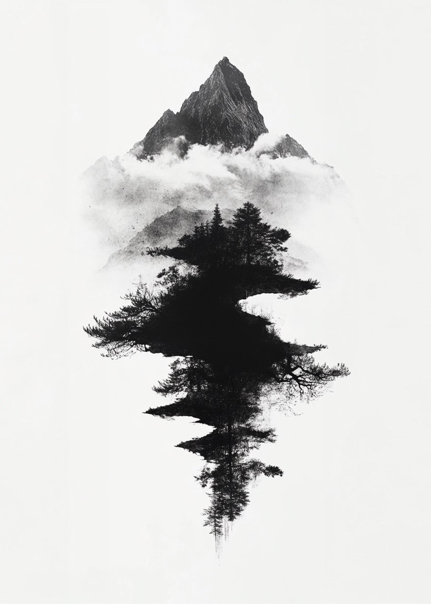 En stille nat på bjerget by Posters: En minimalistisk sort-hvid plakat, der viser en dobbelteksponering af bjerge over disede skyer, spejlet fyrretræssilhuetter nedenunder, for et surrealistisk og kunstnerisk naturlandskab.